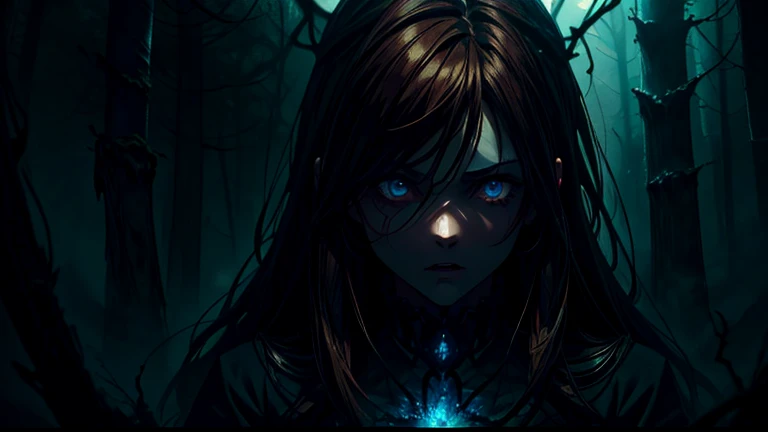 -High quality- -masterpiece- -Anime style- A dark and gloomy forest, a woman with brown hair and blue eyes, her face very close to the screen, an expression of fear and terror
