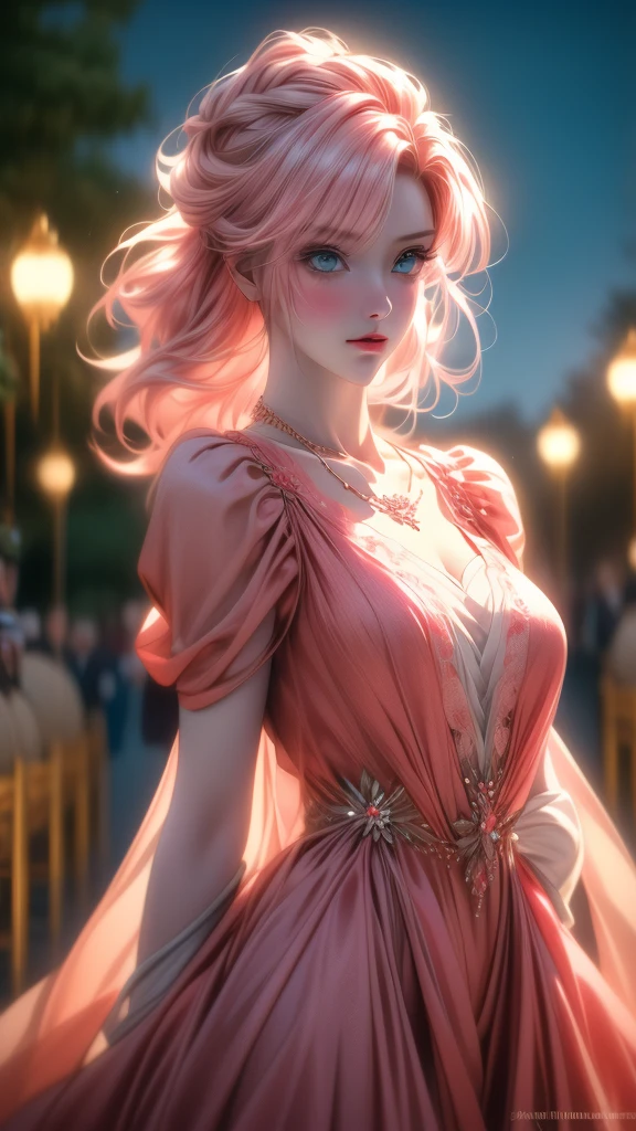 best quality, masterpiece, high resolution, A girl, blond, Blue eyes, fashion clothing, necklace, jewelry, Pretty Face, Perfect breasts, more than_Body, Tyndall effect, lifelike, Dark Studio, Side lighting, Two-color lighting, (HD Skin:1.2), 8k Ultra HD, Soft Light, high quality, Volumetric Lighting, frank, photography, high resolution, 8k, Bokeh,hort depth of field,,,(risheirmgardweitzner,pink_hair,aqua_eyes,:1.2), ,Niji XL, red dress,
