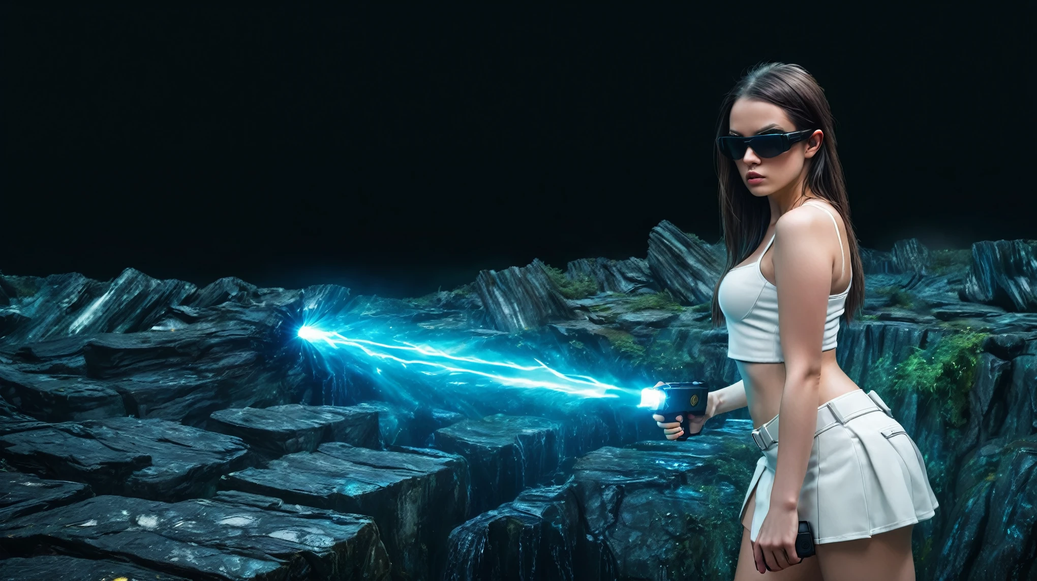 Aerial view, (flying giant petrified beast), waterfall, sci-fi outdoor maze forest as background. Matrix style, at night, dark sky. (1girl, solo), photo realistic, large-breast:1.2 slim:0.9 body, cleavage:1.2, tube top, miniskirt, (matrix style black sunglasses), (holding a mini:1.1 stun gun), half-body thigh level medium shot, cinematic lighting, ray tracing.