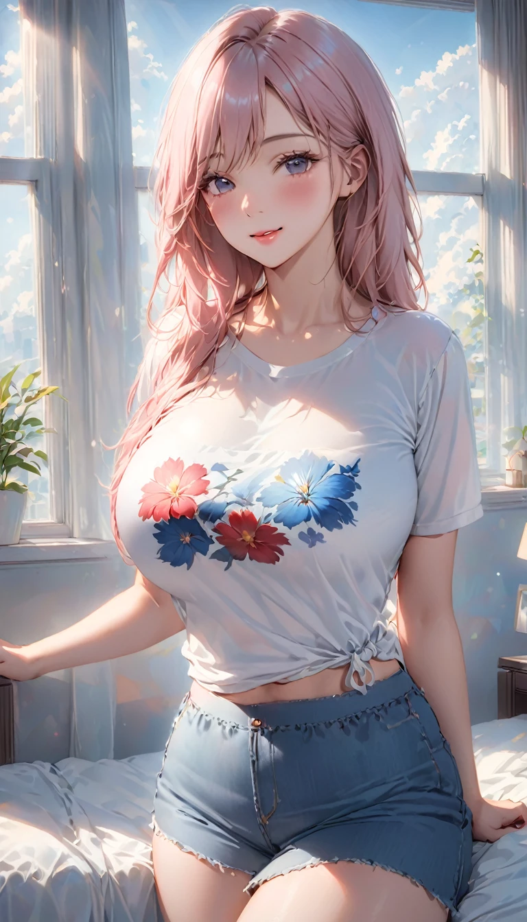 (Higher resolution, Clearly_image) best quality, A woman, masterpiece, Very detailed, Semi-realistic, 21 years old, fair, young, Handsome, t-shirt, Pale pink shirt, modern room, window, wake up, morning, blush, Smile，Big breasts