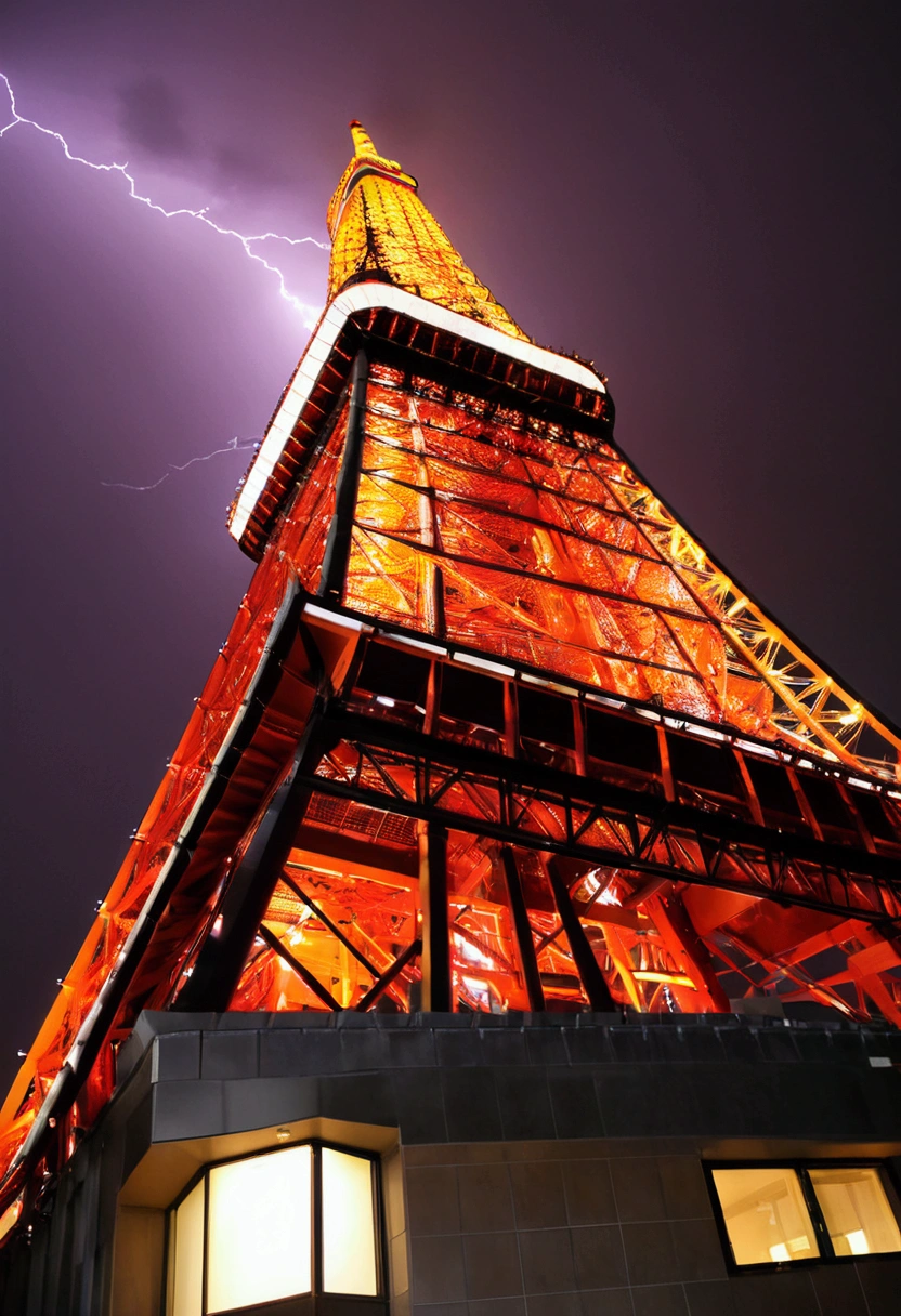 Low angle shot of the TTokyo Tower struck by lightning at night