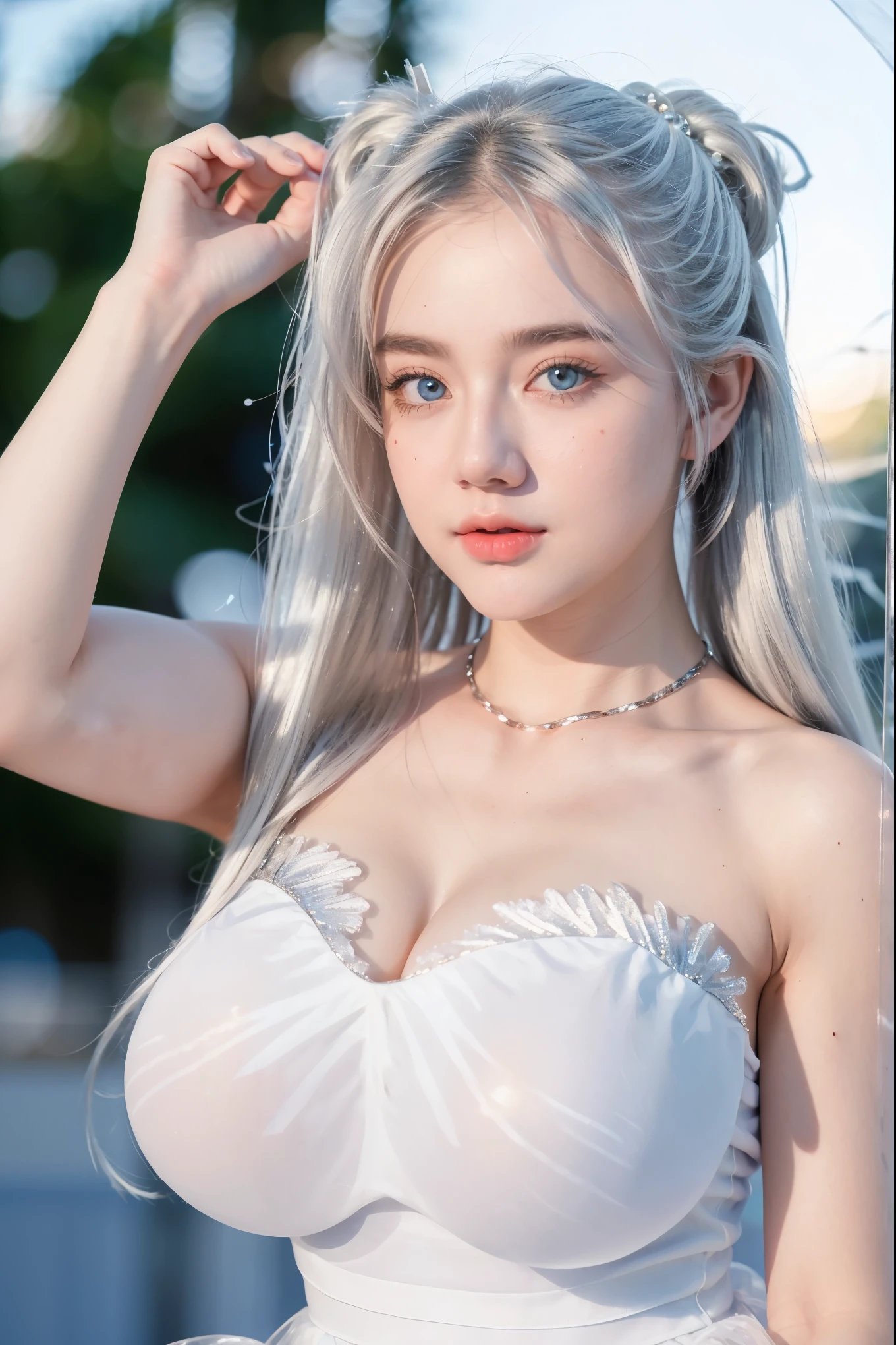 Georgeous, Beautiful, Cute, , 18 Years Old, Whitkin, Cleavage, ((Large Colossal Breast:1.3)), Sleeveless, Off Shoulder, Strapless, ((Transparent:1.3)), ((White Long Lolita Dress)), (Embroidery), Posing, ((Silver Hair)), ((Bright Blue Eye)), ((Muscles:1.2)), ((Bokeh:1.3)), Animal Farmer Background, Masterpiece, Twintails, Arms Up