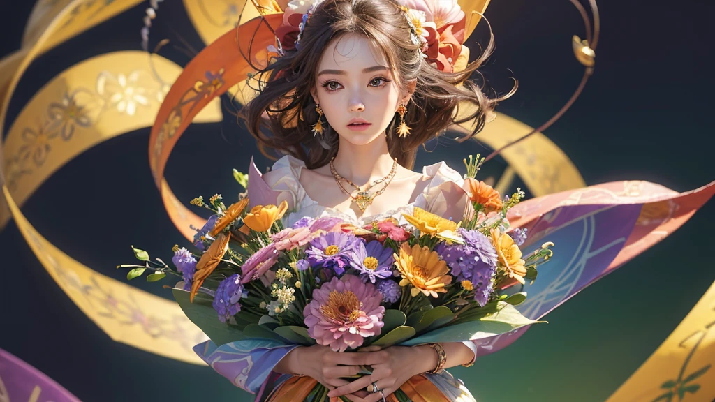 32K, 最高quality, 最高masterpiece, (ultra-Detailed Background, Detailed Background), High resolution, Super detailed, Very detailedな, One girl, (bouquet:1.3), (Tangled:1.2), (Geometric:1.2),(colorful),(masterpiece, quality, best quality, Official Art, Beautiful and beautiful:1.2), (1 girl:1.3), Very detailed,(colorful:1.1)(Flowers:1.3),Most detailed,(Tangled:1.2), whole body, (Abstract background:1.3), (Skin glows), (Many colors:1.4), ,(Earrings Jewelry:1.5), Pale Orange Background,