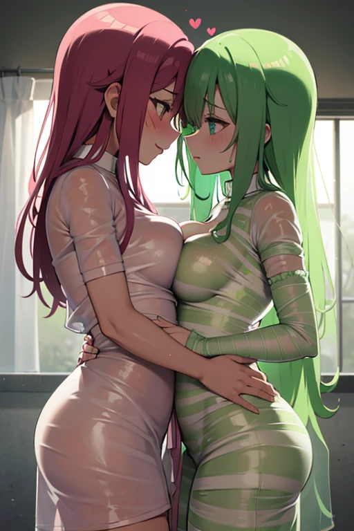 Striped undressed nurses wrapped in translucent slime and sweat embrace each other and give each other hearts