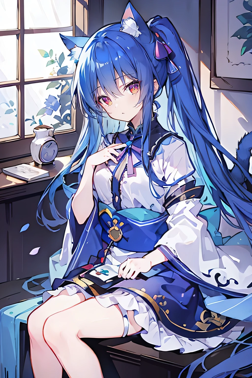 (Masterpiece:1.2)，Ultra-detailed，lifelike，The eyes are expressive，Fair skin，Perfect face shape，1 girl，Japanese Manga，Gorgeous blue hair，Flowing blue hair，Flowing clothes，Cat ears，Petals falling，Shy face，sitting on window，Place your hand on your lips.
