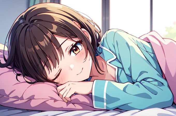 Highest quality, masterpiece, Ultra-high resolution, 8k,Show anime style , Soft Line Art, Digital Enhancement, shojo anime touch, shojo manga core, Flowing fabric, close, Soft Drawing, Ultra-Definition Digital Anime Art, Clear facial depiction, Super detailed girl cartoon character art, Ultra-detailed manga style, Highest qualityの色, 1People Women,(A woman with short brown hair), Wet Hair,Beautiful brown hair, Clear brown eyes, Slightly chubby,Small breasts,pajamas,((She is sleeping in bed with the covers on.)),I sleep in the same bed and watch her,Peaceful sleeping face,She wakes up,I call out good morning,((from side)),She rested her cheek on the pillow, turned her face towards me and smiled fondly.)),Little devil's smile,(Focus on face),(((1 picture)))