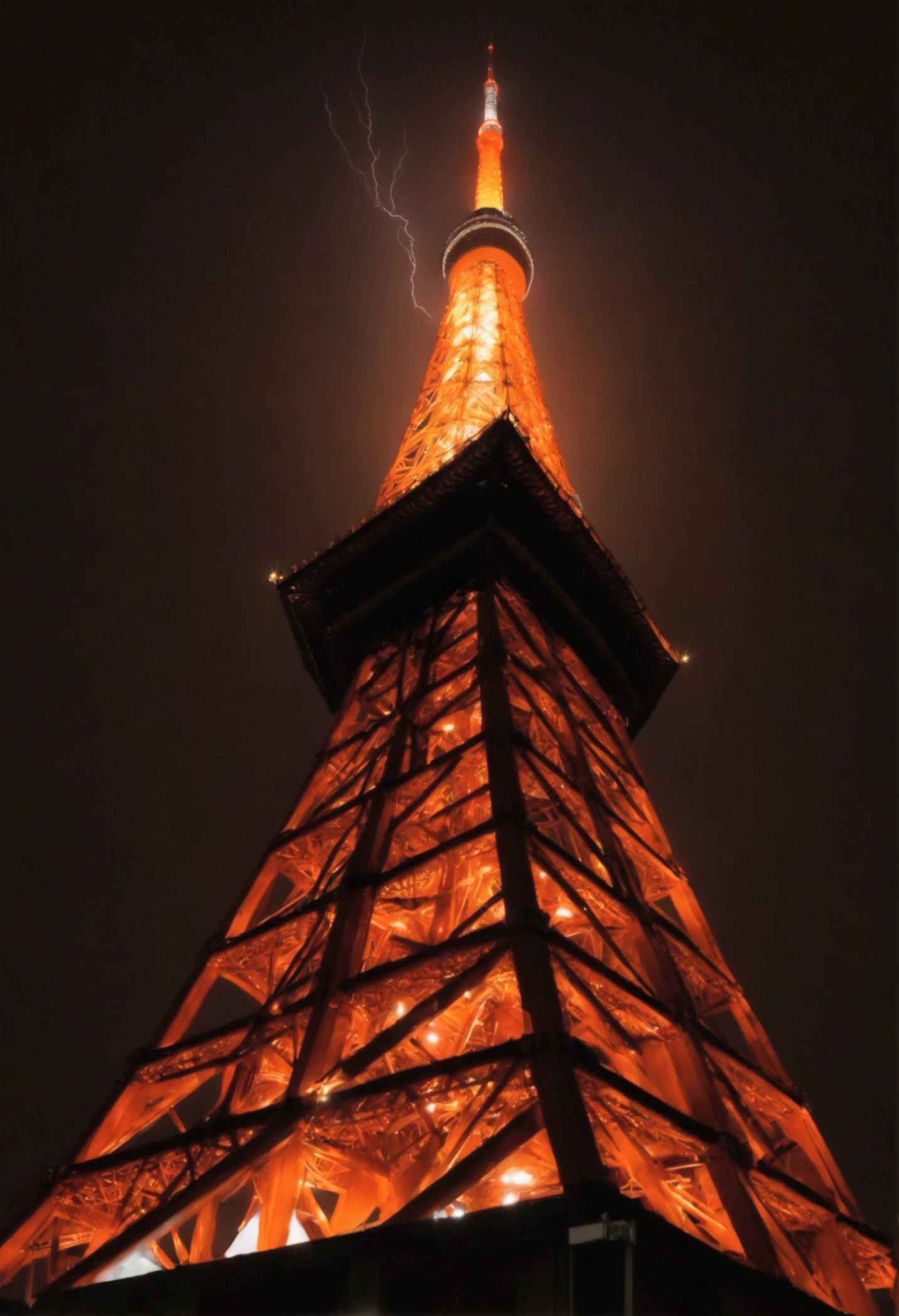 Low angle shot of the TTokyo Tower struck by lightning at night