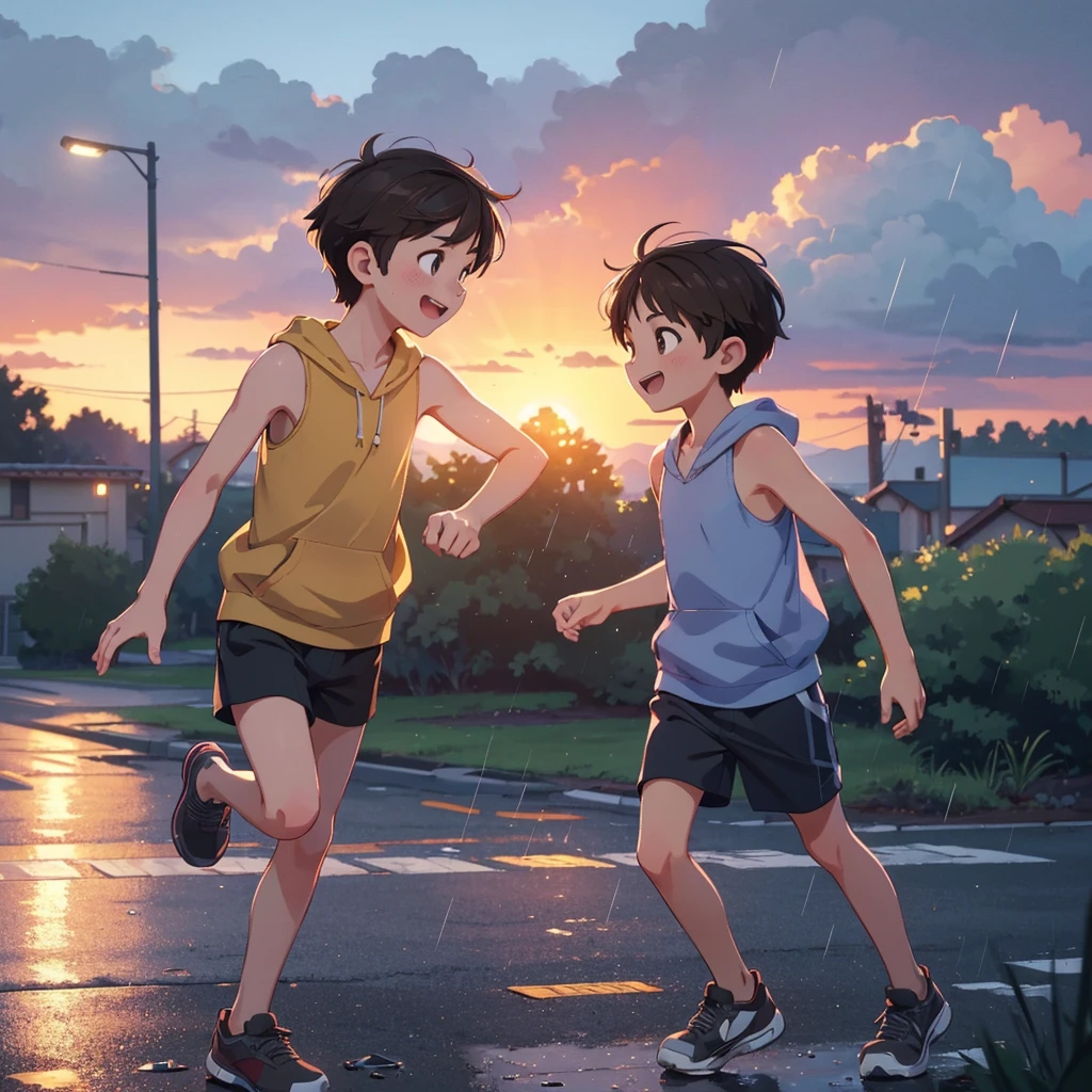 a rain-soaked summer day, two age boys running, best friends, short brown-haired boy in sleeveless hoodie and shorts, short black-haired boy in tank top, arms spread wide, smiling, cool evening breeze, suburban sidewalk, sunset, studio ghibli style, (best quality,4k,8k,highres,masterpiece:1.2),ultra-detailed,(realistic,photorealistic,photo-realistic:1.37),cinematic lighting,warm colors,dynamic motion blur, surreal atmosphere, 2.5 d