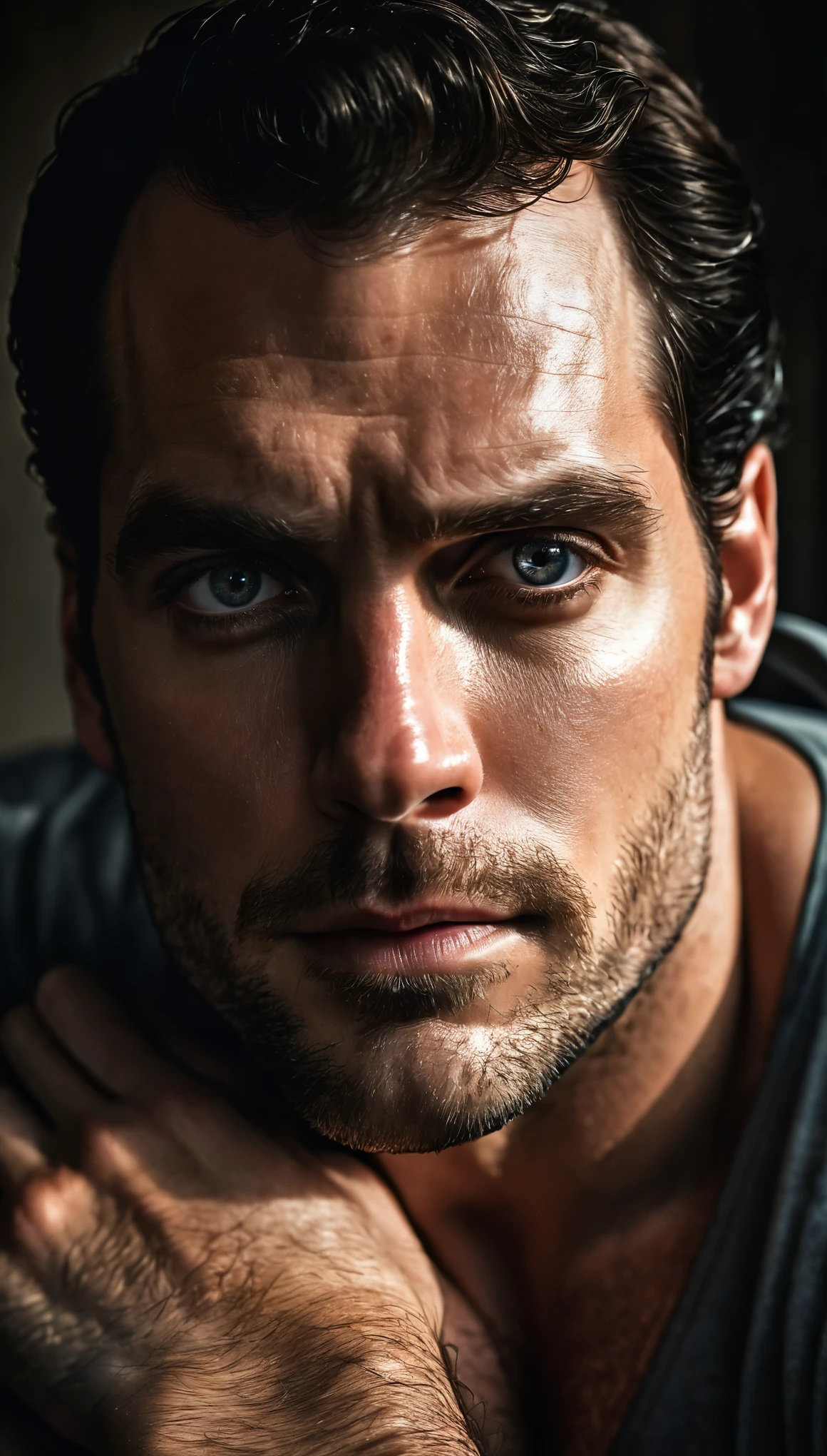 RAW photo beautiful portrait, Henry Cavill, Penetrating gaze, High-quality textures, High-quality shadows, high detail, beautiful detail, Fine details, Extremely detailed computer graphics, detailed textures, Realistic faces, atmosphere of fear and discomfort, sensual moment from the point of view of someone hugging a muscular man with glowing laser eyes