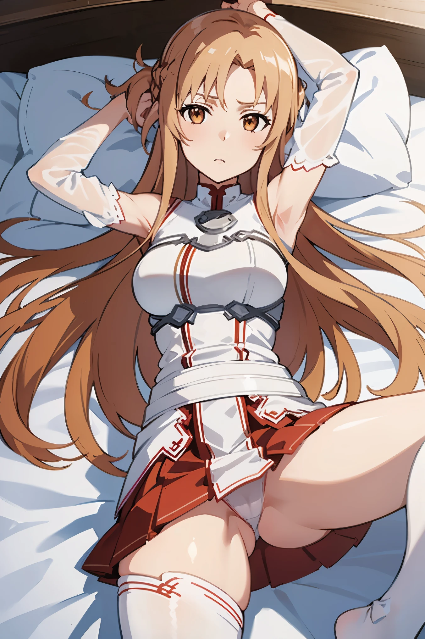 mature woman, Extremely thin skin, work of art, best qualityer, extreme detailed face, The best CG, medium breasts, bared shoulders, eyes browns, Long straight brown hair, 弓, white sleeves, white stockings, red skirt, waist belt, Fine body, See me, Sword Art Online, asuna, Delicate room, lying on a bed, legs spread open, pretty legs, transparent panties, lingerie white, thighs showing, sexly, seducing, legs spread open ((legs spread open)) (legs spread open)