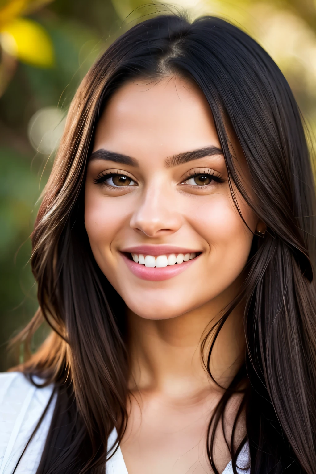 High-resolution, photorealistic portrait, featuring a radiantly beautiful lady with honey-colored eyes, displaying a dazzling smile complete with gleaming white teeth (1.3), adorned with long, straight, luscious black hair. The image, capturing the essence of realism, is meticulously focused, highlighting intricate details of her skin, showcasing a realistic texture. The portrait is professionally produced in 4k quality, with a shallow depth of field, utilizing Kodak Vision Color for enhanced color accuracy. The lady's posture is exquisite, her figure perfectly fitting the frame, making this an ultra-realistic masterpiece fit for 8