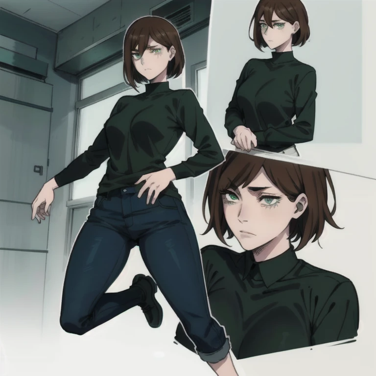 anime character of a woman with a black shirt longsleeve and blue jeans, short brown hair, neck length, green eyes, a digital painting inspired by Tomer Hanuka, trending on pixiv, serial art, heavy gesture style closeup, full body details, wearing casual clothes, style anime, anime style hyper detailed, anime style character, striking detailed artstyle, realistic artstyle, clean detailed anime style, modern anime style, Brown Hair