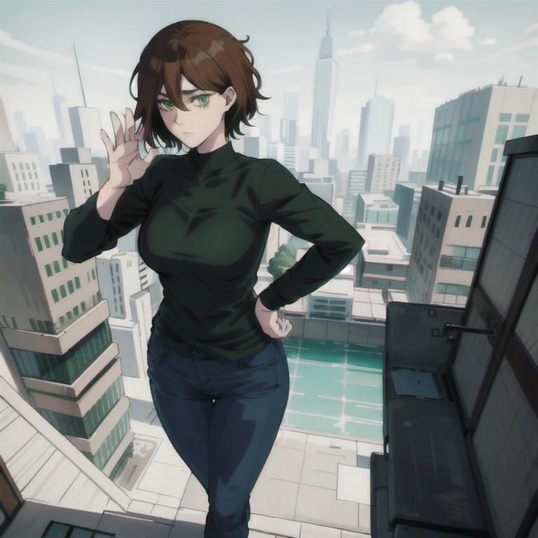 anime character of a woman with a black shirt longsleeve and blue jeans, short brown hair, neck length, green eyes, a digital painting inspired by Tomer Hanuka, trending on pixiv, serial art, heavy gesture style closeup, full body details, wearing casual clothes, style anime, anime style hyper detailed, anime style character, striking detailed artstyle, realistic artstyle, clean detailed anime style, modern anime style, Brown Hair