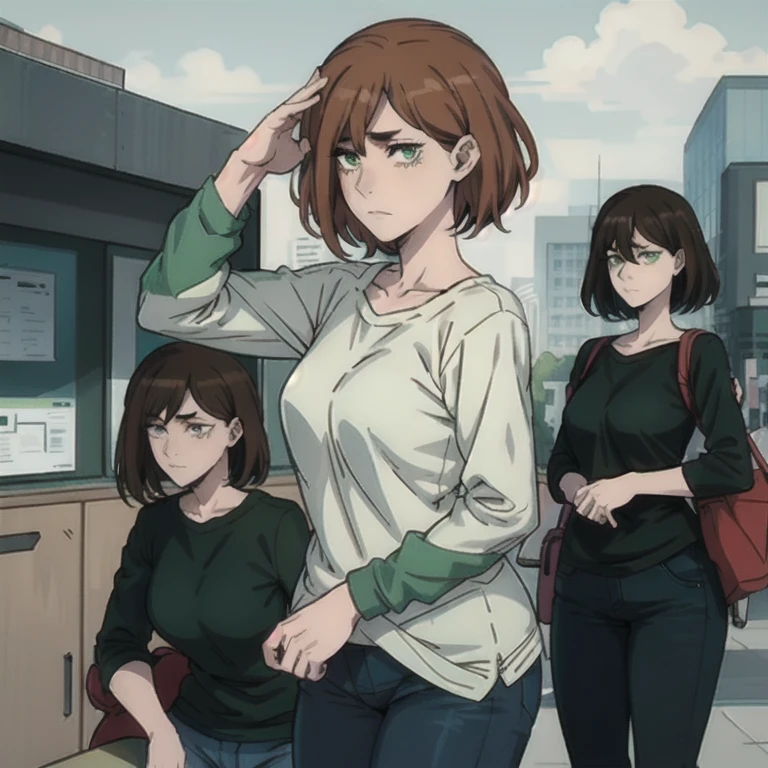 anime character of a woman with a black shirt longsleeve and blue jeans, short brown hair, neck length, green eyes, a digital painting inspired by Tomer Hanuka, trending on pixiv, serial art, heavy gesture style closeup, full body details, wearing casual clothes, style anime, anime style hyper detailed, anime style character, striking detailed artstyle, realistic artstyle, clean detailed anime style, modern anime style, Brown Hair