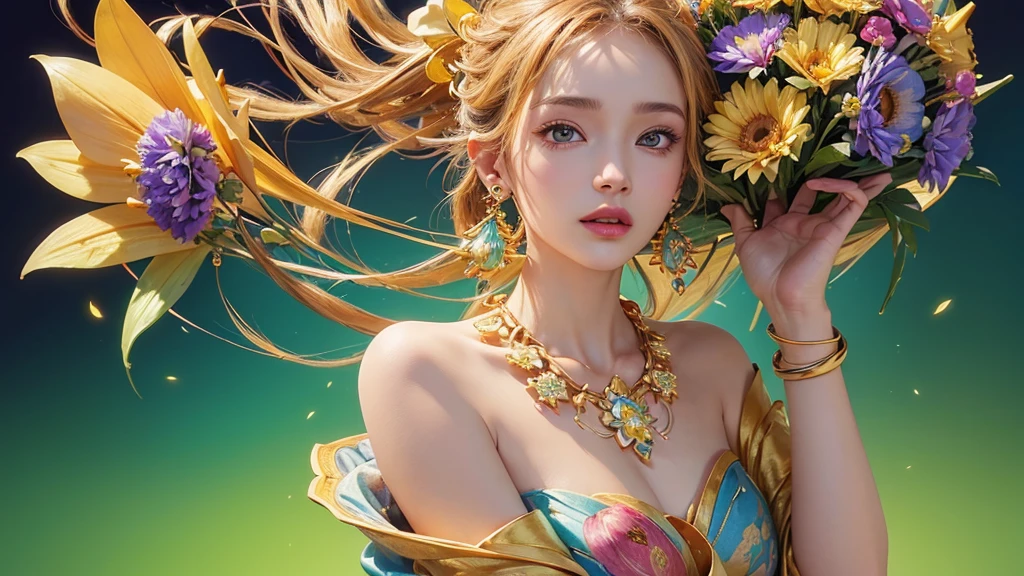 32K, 最高quality, 最高masterpiece, (ultra-Detailed Background, Detailed Background), High resolution, Super detailed, Very detailedな, One girl, (bouquet:1.3), (Tangled:1.2), (Geometric:1.2),(colorful),(masterpiece, quality, best quality, Official Art, Beautiful and beautiful:1.2), (1 girl:1.3), Very detailed,(colorful:1.1)(Flowers:1.3),Most detailed,(Tangled:1.2), whole body, (Abstract background:1.3), (Skin glows), (Many colors:1.4), ,(Earrings Jewelry:1.5), Bright yellow background,