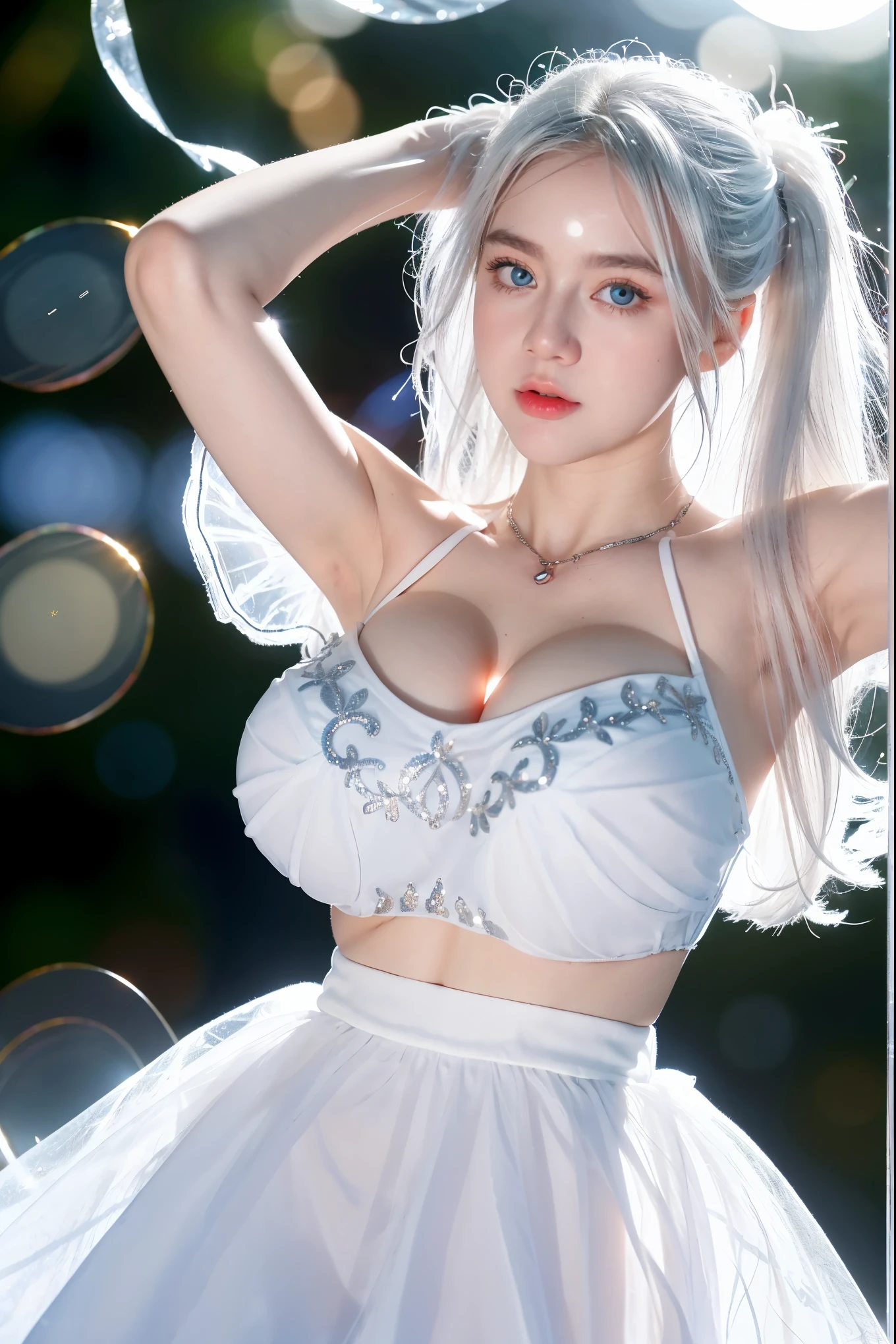 Georgeous, Beautiful, Cute, Baby Face, 18 Years Old, White Skin, Cleavage, ((Large Colossal Breast:1.3)), Sleeveless, Off Shoulder, Strapless, ((Transparent:1.3)), ((White Long ****ta Dress)), (Embroidery), Posing, ((Silver Hair)), ((Bright Blue Eye)), ((Muscles:1.2)), ((Bokeh:1.3)), Animal Farmer Background, Masterpiece, Twintails, Arms Up