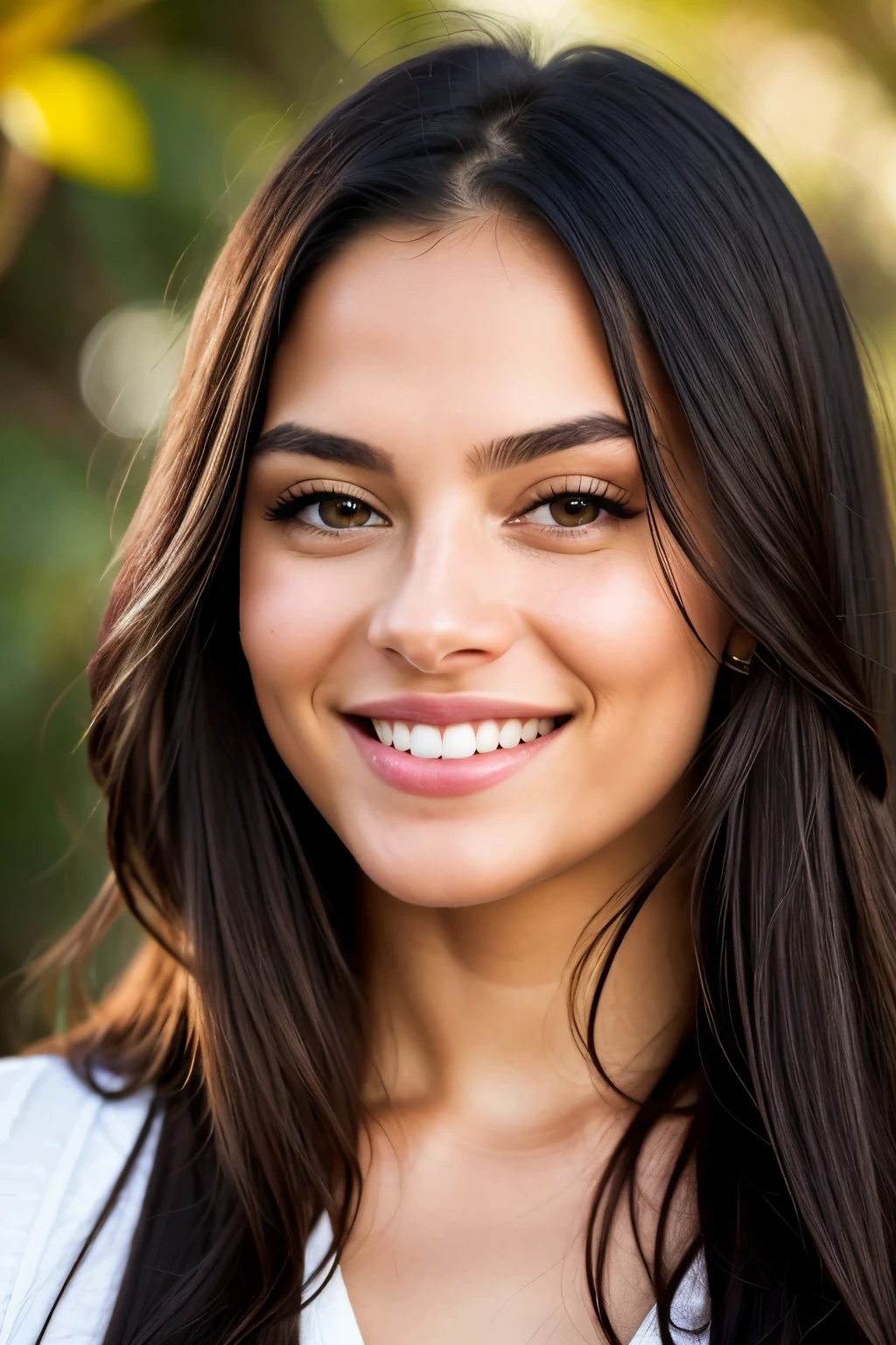 High-resolution, photorealistic portrait, featuring a radiantly beautiful lady with honey-colored eyes, displaying a dazzling smile complete with gleaming white teeth (1.3), adorned with long, straight, luscious black hair. The image, capturing the essence of realism, is meticulously focused, highlighting intricate details of her skin, showcasing a realistic texture. The portrait is professionally produced in 4k quality, with a shallow depth of field, utilizing Kodak Vision Color for enhanced color accuracy. The lady's posture is exquisite, her figure perfectly fitting the frame, making this an ultra-realistic masterpiece fit for 8