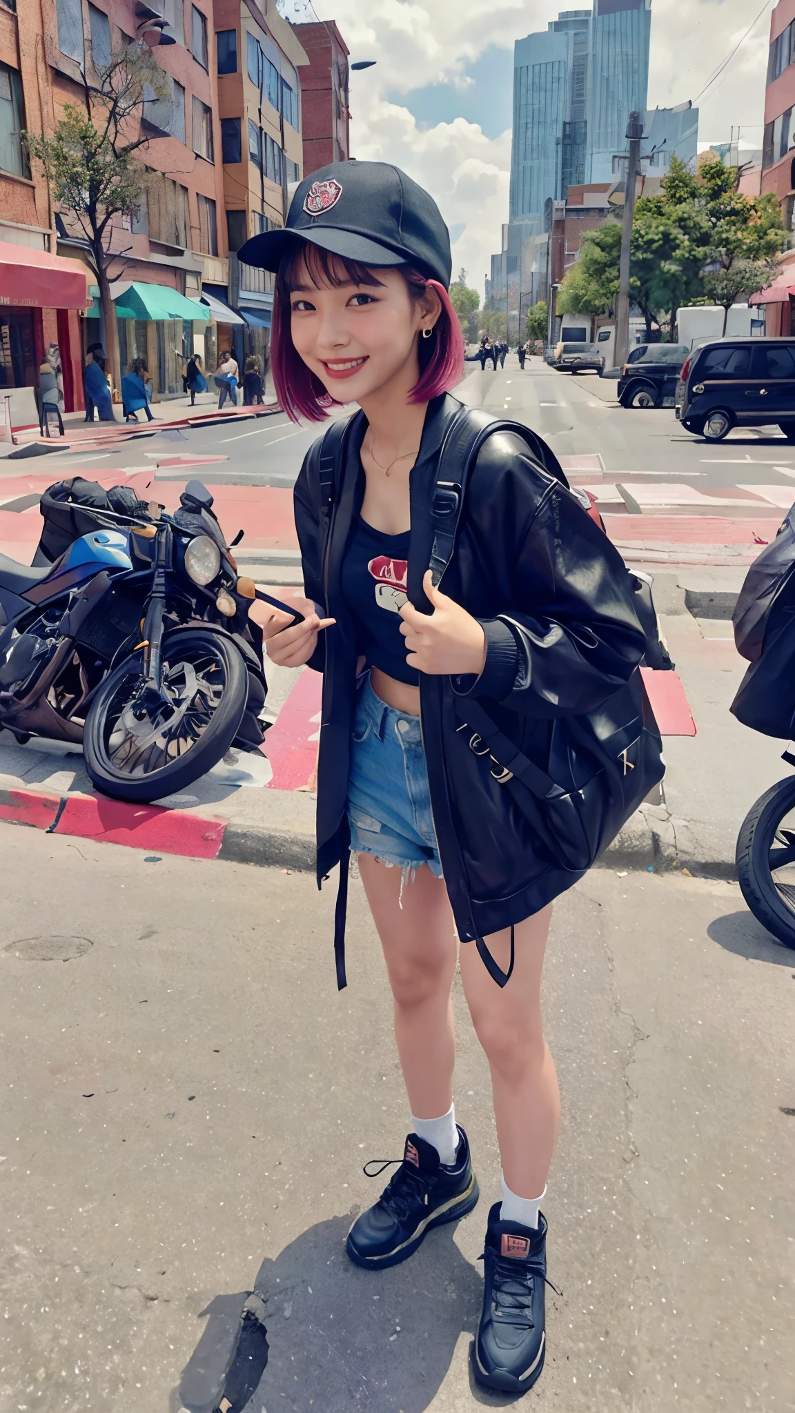 Moisturized skin, realistic body, (16 years old), (girl), earrings, (cute face), cheerful laugh, 90s hip-hop outfit, shy,
BREAK,
red lipstick, beautiful hair, gradient hair, short hair,
BREAK,
(masterpiece, highest quality, high resolution, highly detailed), (full body: 1.2), symmetrical, one shot,
BREAK,
(wind blowing), Canadian city,
BREAK,
fantastic, dynamic, (selfie), (fisheye lens), neon, cyberpunk movie, selfie, cyberpunk city, hat, iPhone, street snap, backpack, travel, messing around, silly, stylish,