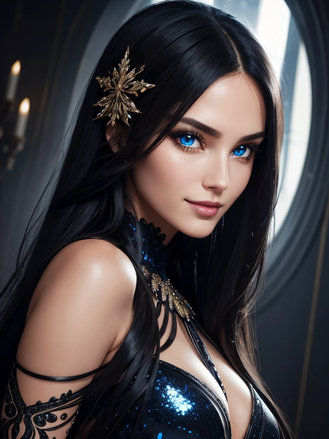 Portrait, beautiful mysterious supermodel with long flowing black hair, wearing a sparkling dress, mesmerizing blue eyes, hourglass figure, symmetrical figure, highly detailed face, beautiful face, lush lips, smiling, alluring, realistic 8k background