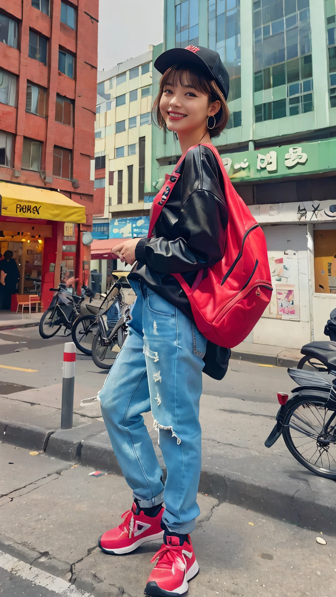 Moisturized skin, realistic body, (16 years old), (girl), earrings, (cute face), cheerful laugh, 90s hip-hop outfit, shy,
BREAK,
red lipstick, beautiful hair, gradient hair, short hair,
BREAK,
(masterpiece, highest quality, high resolution, highly detailed), (full body: 1.2), symmetrical, one shot,
BREAK,
(wind blowing), Canadian city,
BREAK,
fantastic, dynamic, (selfie), (fisheye lens), neon, cyberpunk movie, selfie, cyberpunk city, hat, iPhone, street snap, backpack, travel, messing around, silly, stylish,