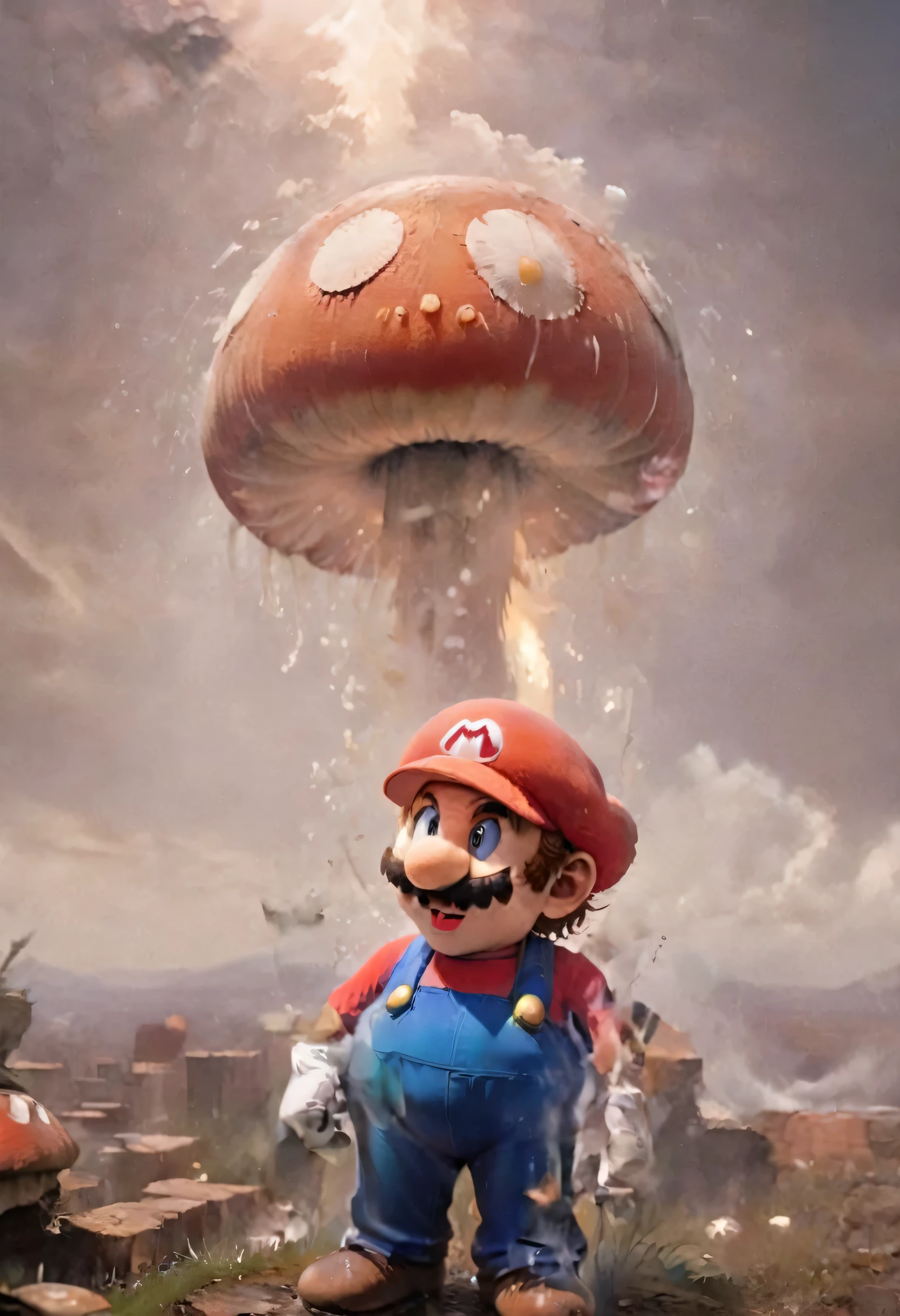 an oil painting, that Mario shows, who holds a mushroom in the Mushroom Kingdom, Heavenly Aura, , Deity, SMB Artstyle, ​masterpiece, Ethereal, holy  