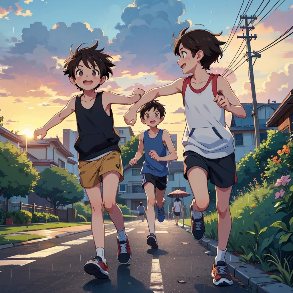 two age boys, best friends, running together in the rain, one boy with brown hair wearing sleeveless hoodie and shorts, another boy with black hair wearing tank top, smiling and spreading arms in cool breeze, running on sidewalk in suburban evening as sun sets, side view, studio ghibli style, (best quality,4k,8k,highres,masterpiece:1.2),ultra-detailed,(realistic,photorealistic,photo-realistic:1.37),extremely detailed facial features, beautiful detailed eyes, beautiful detailed lips, extremely detailed eyes and face, long eyelashes, vibrant colors, warm lighting, cinematic composition, atmospheric mood, dynamic motion blur, soft focus background