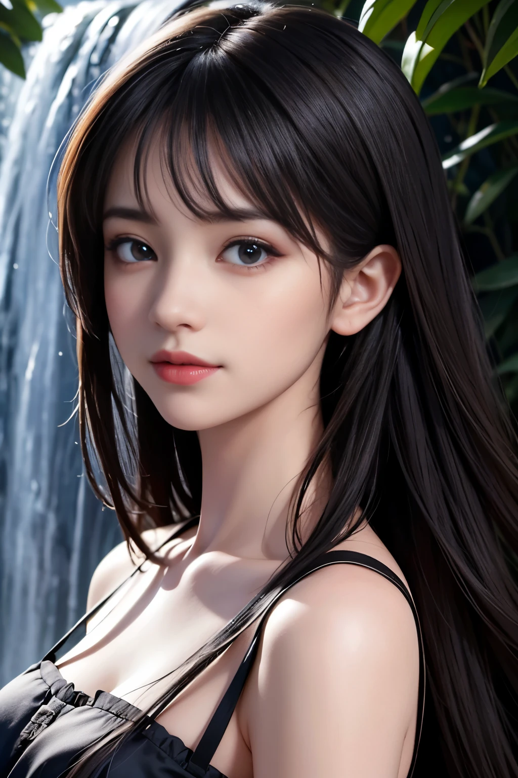 (ultra realistic) , (illustration), (increase resolution), (8K), (extremely detailed), (best illustration), (beautiful detailed eyes), (best quality), (ultra-detailed), (masterpiece), (wallpaper), (detailed face), 1 girl, black straight hair, slender body, delicate details, in the dark, deep shadow, low key, pureerosfaceace_v1, happy smile, summer dress, waterfall, rainforest