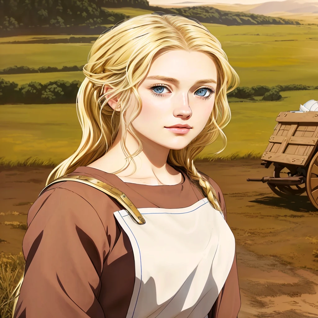 Realistic cute girl with slightly wavy blonde hair and blue eyes standing in front of a cart, ultra realistic, visual of a real young woman, vinland saga, official art, visual of a pretty girl, Game of Thrones female character, official art del personaje, portrait, , official artwork, blonde girl with long hair, official illustration