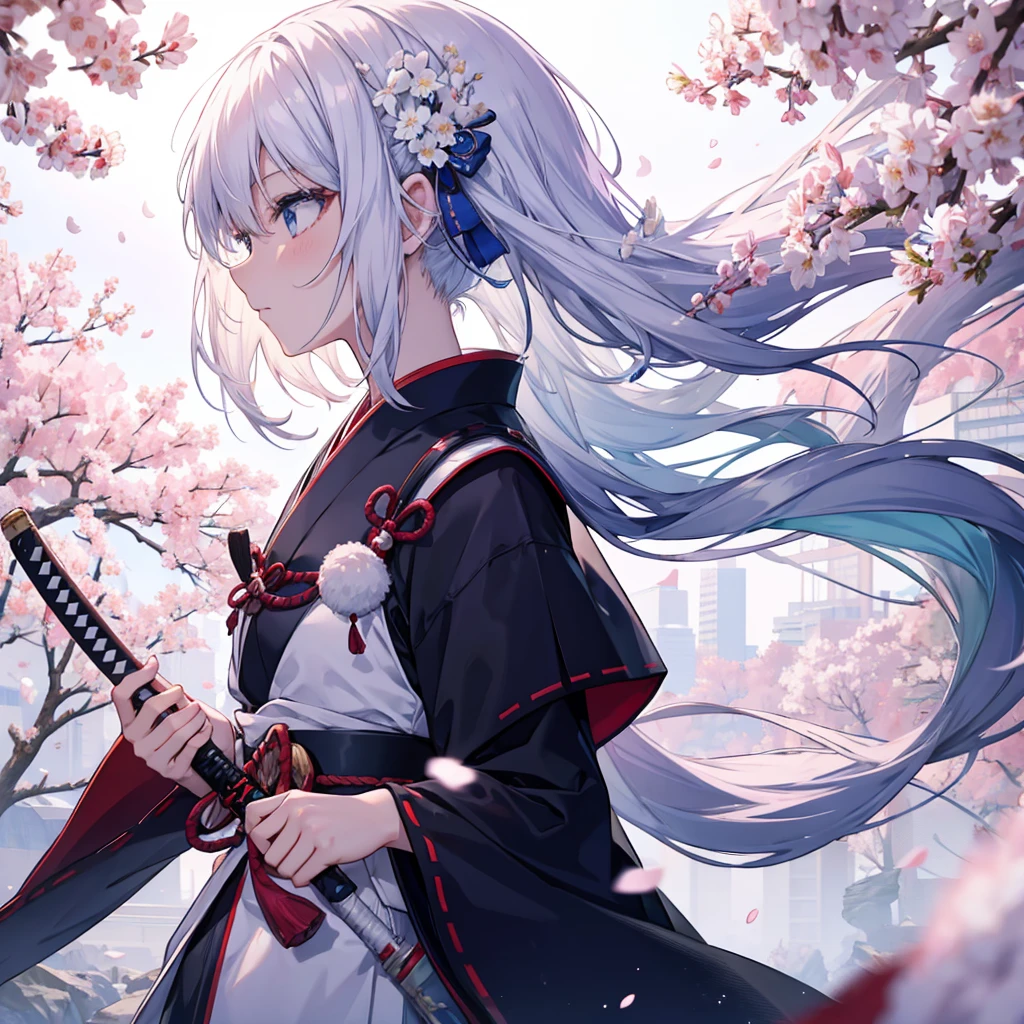 One woman((Calm expression,concentrated)) background((burn,blue)),Hold the sword,Parallel to the ground White hair,ポニーテール blue目,Super Shiny Japanese Style,Anime The Wind Blows,Cherry blossom petals,Ahead ((profile,Extreme close-up)) Katame Samurai