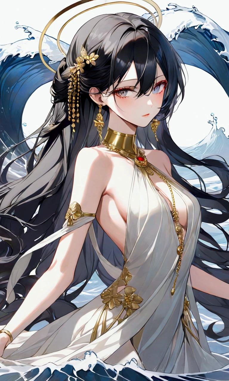She has long, midnight black hair that cascades down her back in silky waves, adorned with delicate gold ribbons. Her eyes are a striking deep ocean blue, with her left eye having a faint red tint, adding a mysterious allure. Her complexion is porcelain white, giving her an ethereal appearance. She has a slender, athletic build that conveys both elegance and strength, and she moves with a graceful agility that captivates those around her.