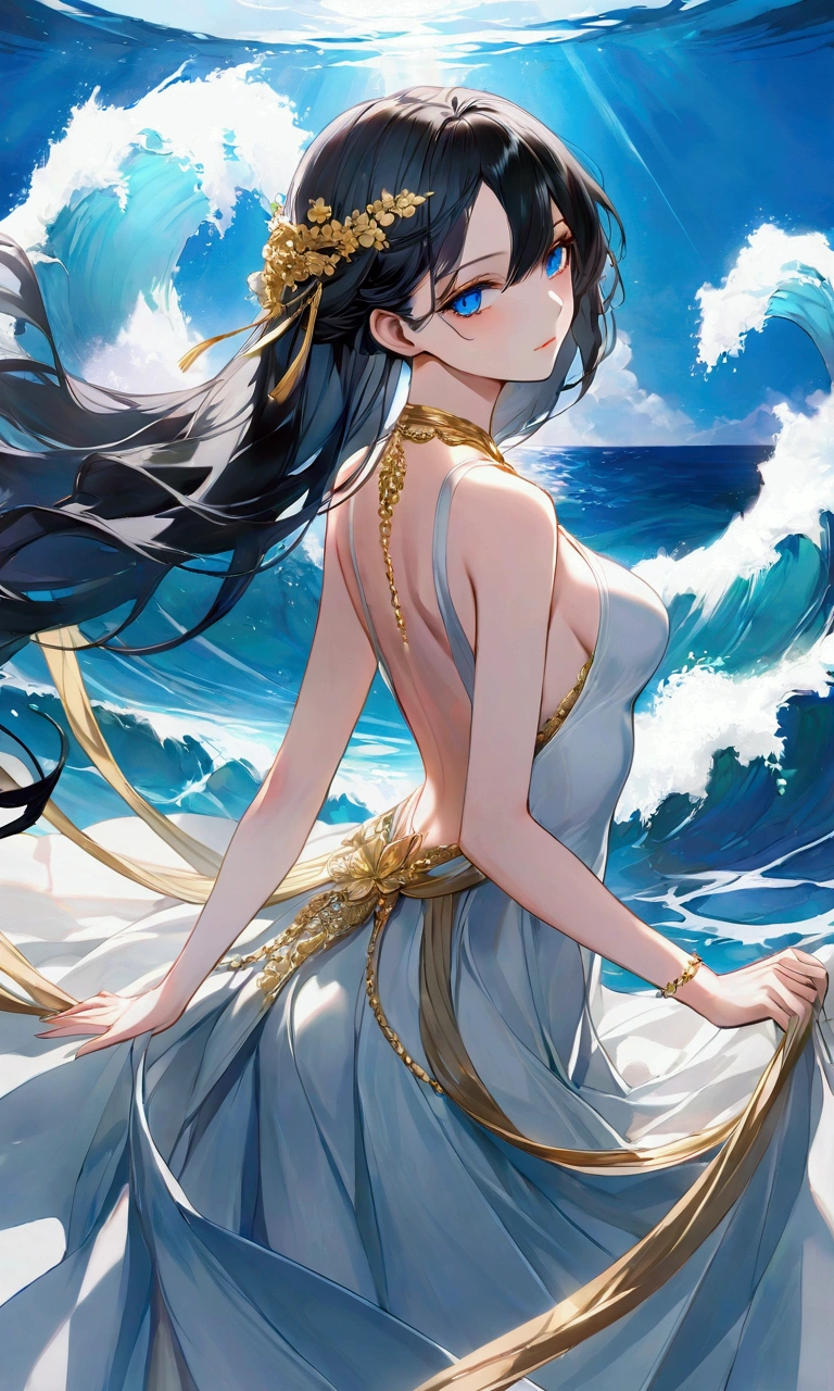 She has long, midnight black hair that cascades down her back in silky waves, adorned with delicate gold ribbons. Her eyes are a striking deep ocean blue, with her left eye having a faint red tint, adding a mysterious allure. Her complexion is porcelain white, giving her an ethereal appearance. She has a slender, athletic build that conveys both elegance and strength, and she moves with a graceful agility that captivates those around her.