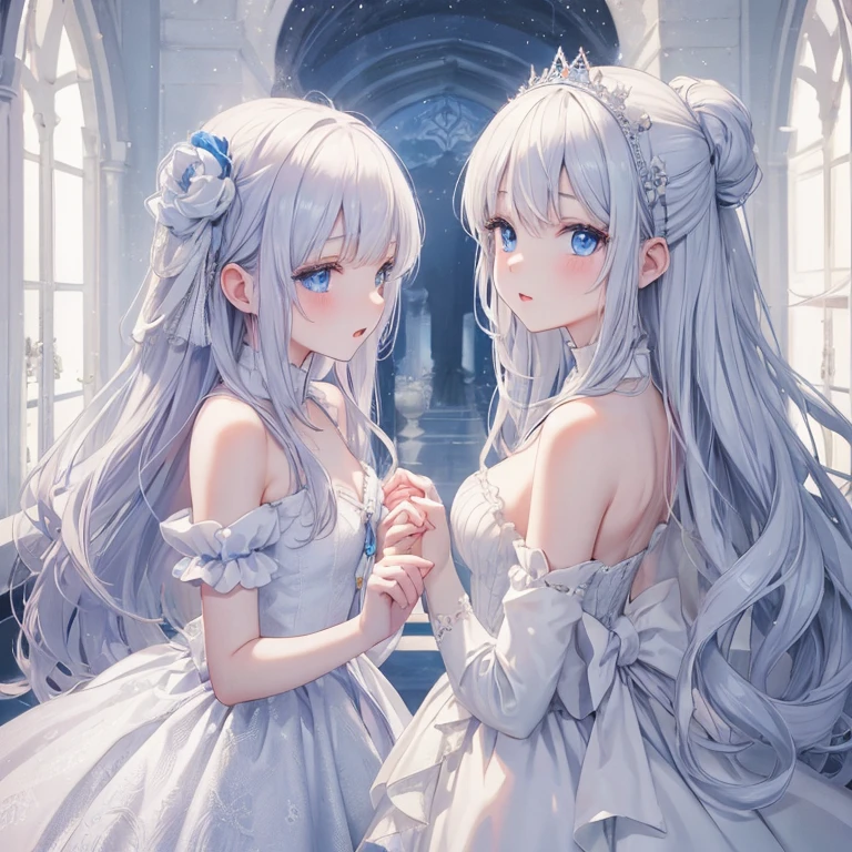 Two Anime girls, twin, princesses, royal gowns, 12 age, white gowns slight touch of blue, pale skin, long white hair, blue eyes, skinny, fair skin, beautiful and cute.