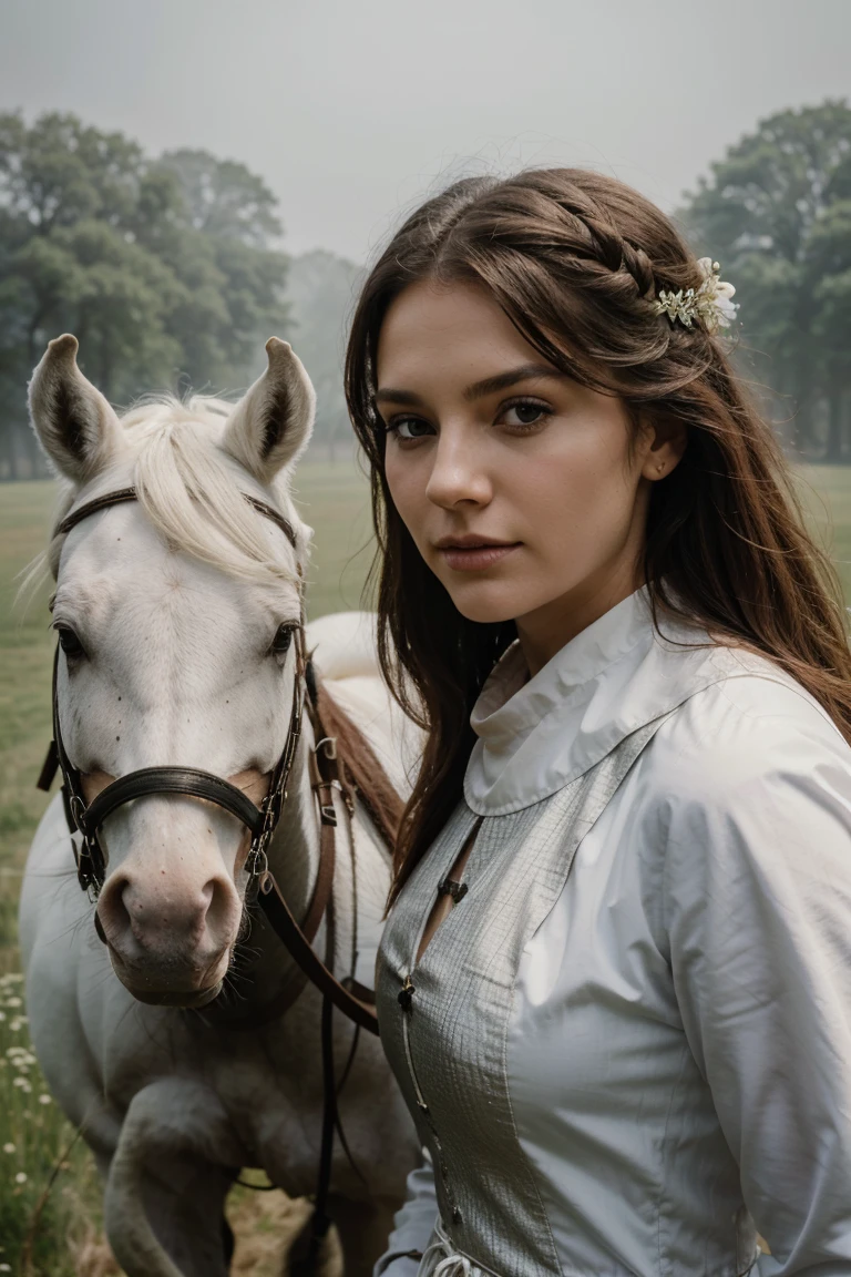 Woman in open meadow, wearing medieval dress, head to head with beautiful white stallion, mist and fog, upclose photo of face