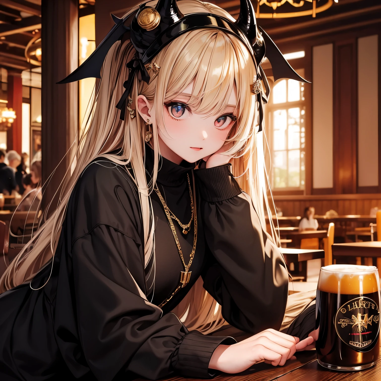 (masterpiece), Highest quality, Ultra-high resolution,Devil with a black ribbon、Golden Hair、Golden Eyes、Golden Clothes、Beer Hall