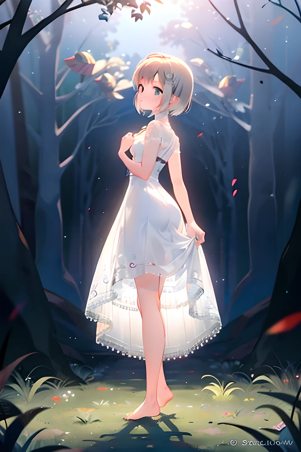 best quality, high resolution, mysterious, back light, pin light, backlighting, in forest, (full body shot, straight from front,) 1girl, kawaii, Anna, standing, small breasts, long legs, thigh, buttocks, fair skin, (baby face, small face), lipgloss, faint smile, short bob, white hair, (see through white dress, white Lace panties,) barefoot,