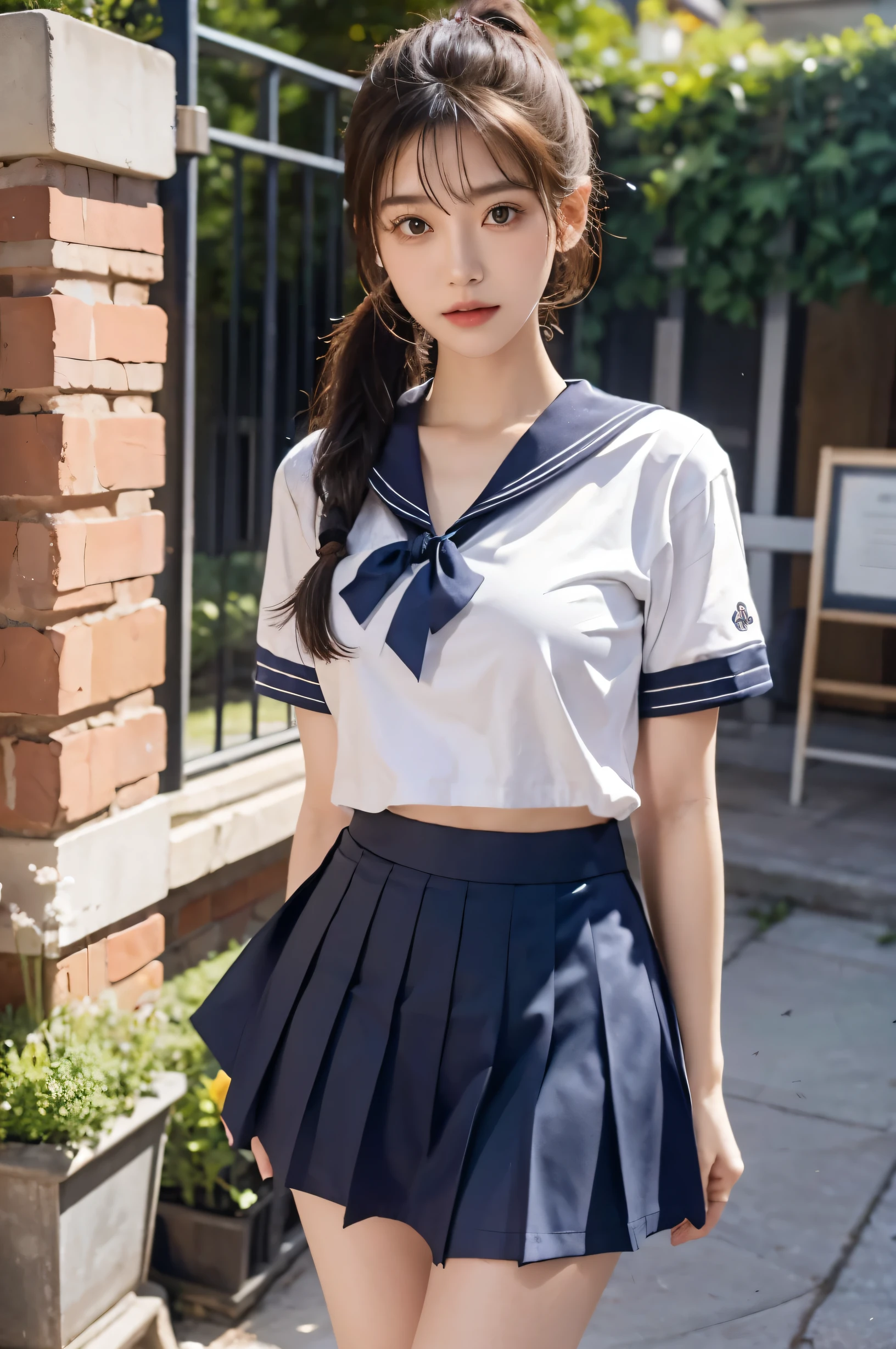 (Ultra HD), (Short-sleeved sailor uniform, Navy blue mini skirt), Big Breasts, slender, Narrow waist, whole body, Standing posture, (Clean and shiny skin, Whitening, No makeup), (Super slim face, Super beautiful face), (Light Brown Ponytail, Layered Cut, Fluffy hair), (double eyelid, Slanted Eyes), Small Nose, Thin lips, Thin legs, school gate