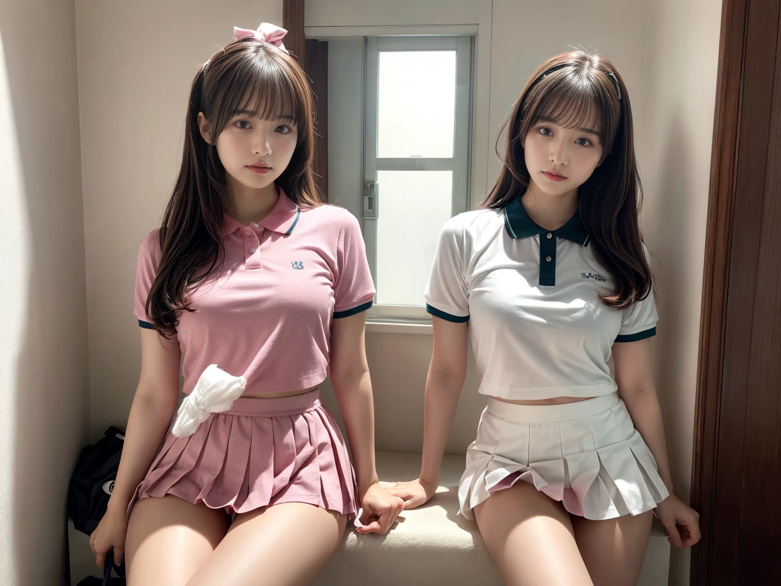masterpiece, best quality, illustration, Super detailed, fine details, High resolution, 8K,wall paper, perfect dynamic composition,(Details High quality, realistic depiction of eyes:1.3), (2 girls), BREAK (white theme:1.4), (tucked-out short sleeve white polo shirt:1.4), (pink lines on tops outline:1.3), (pure white pleated mini skirt:1.3), (hem of top covers top half of skirt:1.3), (pink fluffy scrunchie on wrist:1.3), (white and pink sports shoes:1.2), sitting, open legs, short bob hair, in a hotel room in the background, deep on field, (large breasts:1.2), black hair color, Big Natural Color Lip, (perfect body shape), crying a little、Harajuku style、20 year old girl、cute type、beautiful legs, Gravure Idol