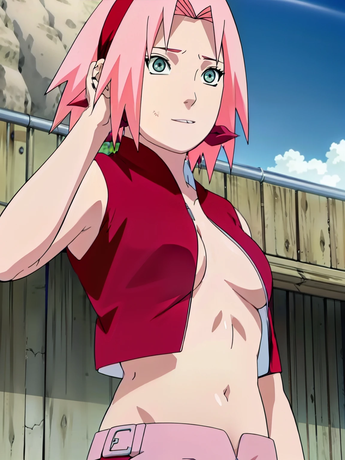 Sakura Haruno lifting her shirt arms up showing visible bra and sexy belly small breast.