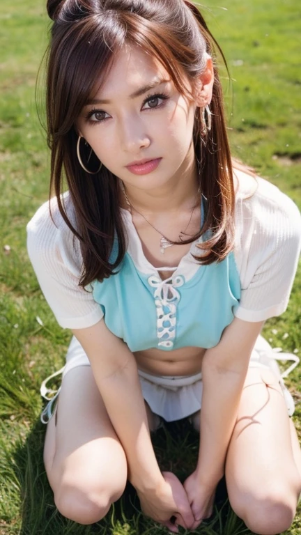 (uhd, masterpiece, anatomically correct, textured skin, super detail, best quality, highres, 8k, bloom, Front Light:1.2, Perfect dynamic composition), (24-years-old, 1 person, Cute and sexy ), (Sexy Face, Long face, distant eyes, Gentle eyelids, Thin eyebrows, (((Nipple Covers)))、((Lace-up))、Half Twin、Bun Hair、Twin tails with big ribbons、high Ponytail、slit、Belly button、Size earrings、Long nails、Zombie Makeup、Expression of pleasure、Gentle corners of the eyes, Hawk-like nose), (Gal Makeup), (eyeliner), (completely charm you), (Eyes that feel erotic), (A taste of beautiful eroticism), (Too cute beauty), (Captivating smile:1.0), (Light Brown Hair:1.4), (Long Hair, Inward curled hair, bangs, Smooth Hair), (Light blue short sleeve wear), (White skirt), (Knee-high), Golf course, grass, blue sky, Asahi, forest, fairway, green, (Full Body Shot:1.3), Keiko Kitagawa, (squat), (Shot from directly above), (Look Up), ((hand between legs:1.3))、Fancy Necklace、