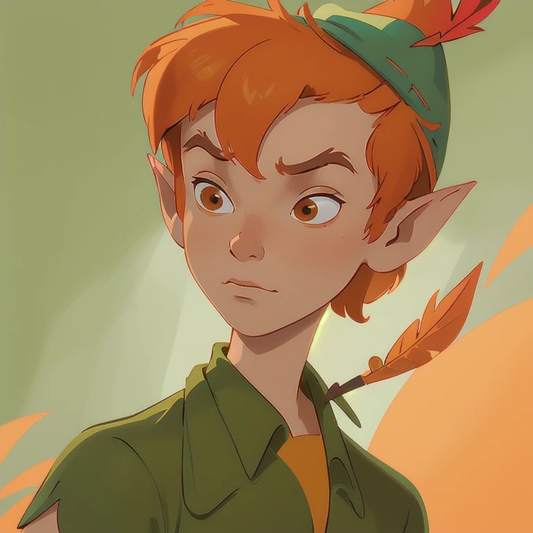 masterpiece, best quality, 1boy, peter pan, solo, closeup, short hair, orange hair, green collared shirt, short sleeves, hat feather, male focus, pointy ears,