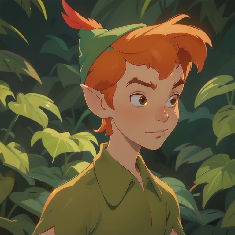 masterpiece, best quality, 1boy, peter pan, solo, closeup, short hair, orange hair, green collared shirt, short sleeves, hat feather, male focus, pointy ears,