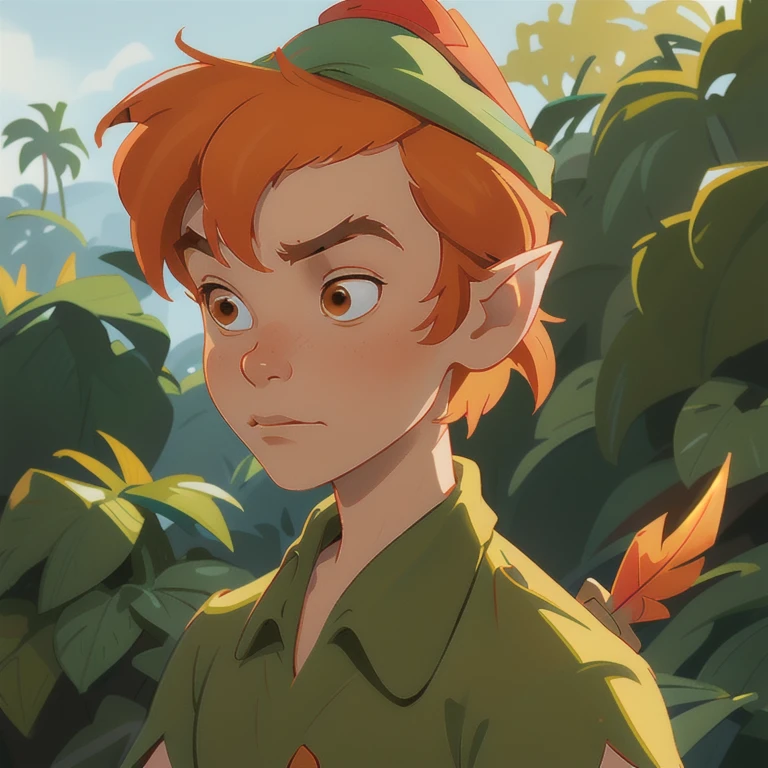 masterpiece, best quality, 1boy, peter pan, solo, closeup, short hair, orange hair, green collared shirt, short sleeves, hat feather, male focus, pointy ears,