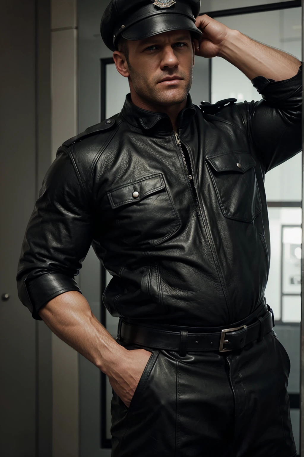 Chris Redfield from Resident Evil, with a very big cock 20cm of tall of his cock and very fat cock, while seseveral men watch him
