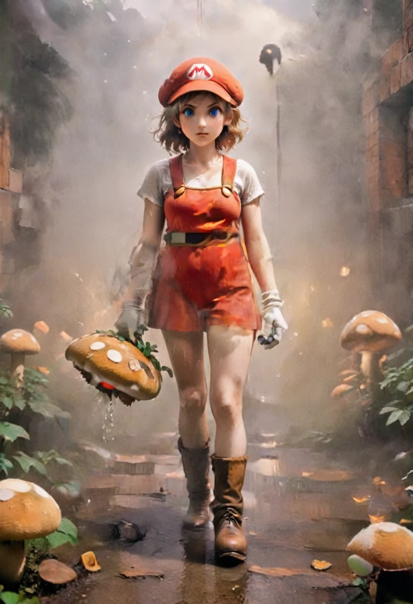 an oil painting, that Mario shows, who holds a mushroom in the Mushroom Kingdom, Heavenly Aura, , Deity, SMB Artstyle, ​masterpiece, Ethereal, holy  