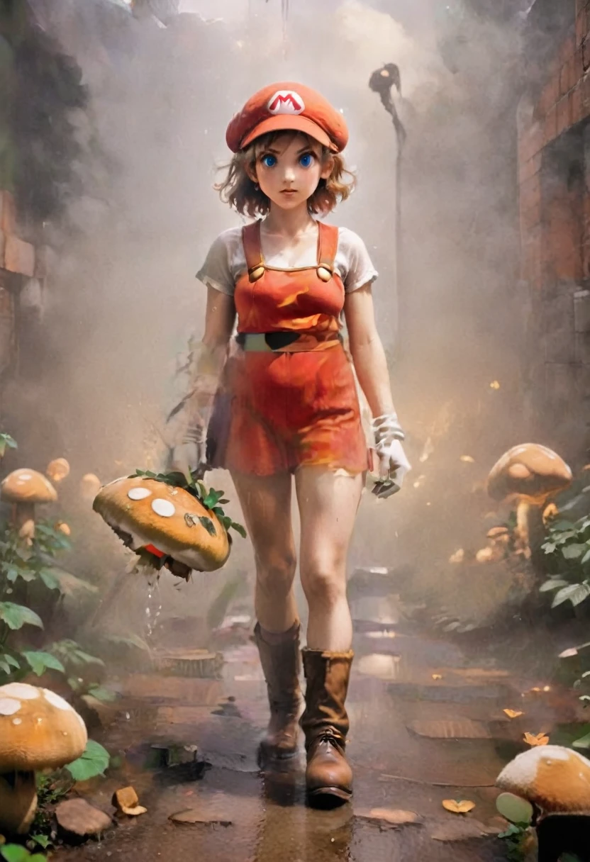 an oil painting, that Mario shows, who holds a mushroom in the Mushroom Kingdom, Heavenly Aura, , Deity, SMB Artstyle, ​masterpiece, Ethereal, holy  