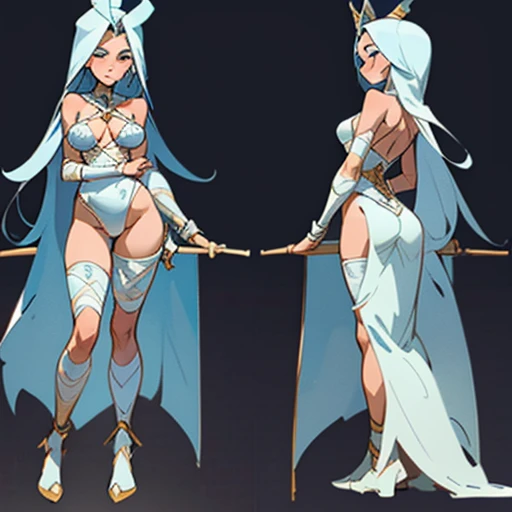 erotic blue and white lingerie design inspired by Pharaoh (mummy) With long hair , in various views (front and back) ((Character sheet)) (((covering cross pose )))