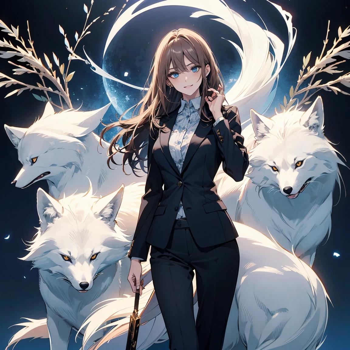 (Highest quality,High resolution,Very detailed),1 girl, Beautiful and elegant light blue eyes, Brown Hair, Cold Smile,Grudge,I was outraged.,Blue floral ornamentwo
後ろで結んだストレートロングヘア, Wearing a black suit, Mature Woman, Age 26,Cruel smile, Calm and Calm, Slim figure, Pale complexion, thin, Calm, secretary,彼はBig white foxを連れている..,Big white fox,Blue floral ornament