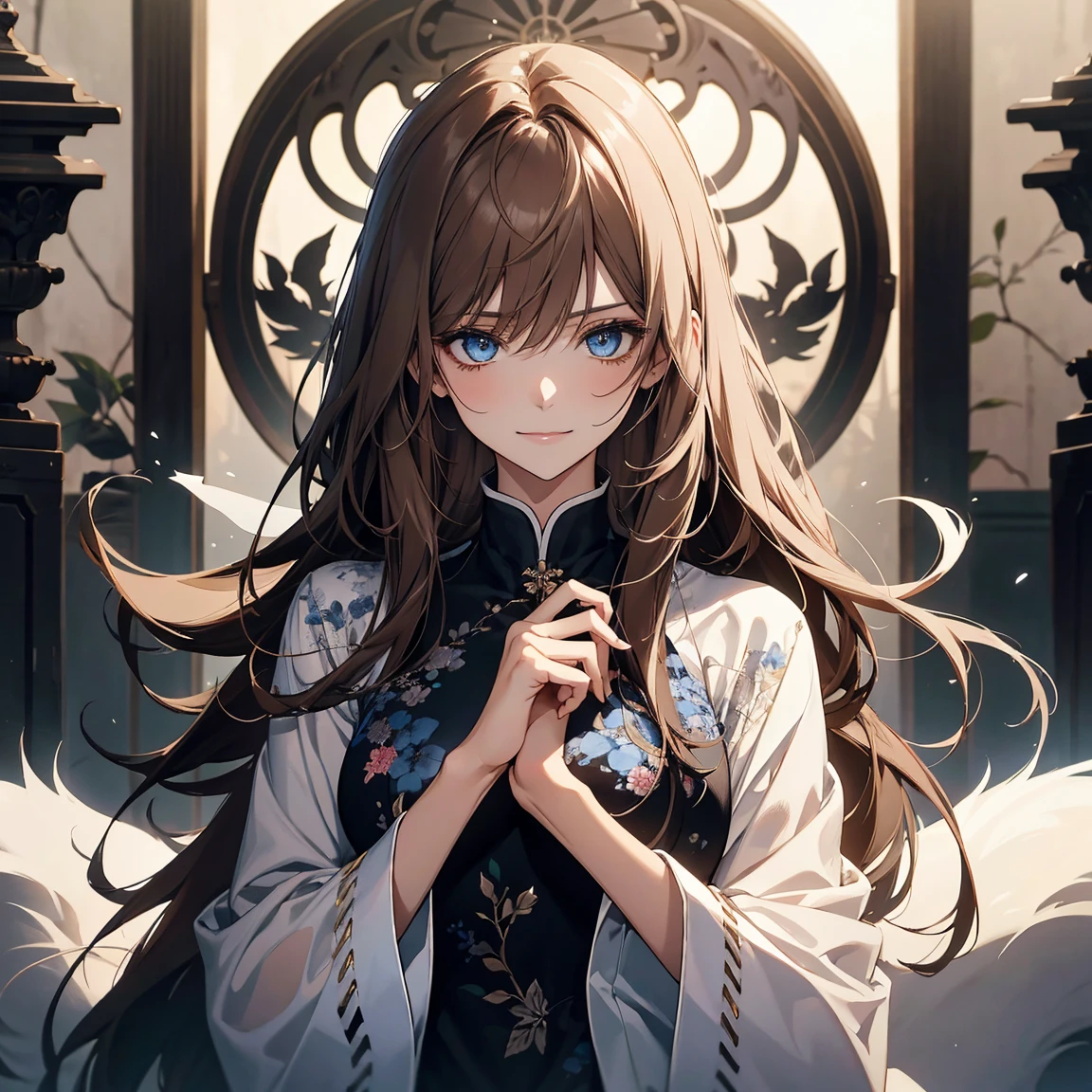 (Highest quality,High resolution,Very detailed),1 girl, Beautiful and elegant light blue eyes, Brown Hair, Cold Smile,Grudge,I was outraged.,Blue floral ornamentwo
後ろで結んだストレートロングヘア, Wearing a black suit, Mature Woman, Age 26,Cruel smile, Calm and Calm, Slim figure, Pale complexion, thin, Calm, secretary,彼はBig white foxを連れている..,Big white fox,Blue floral ornament