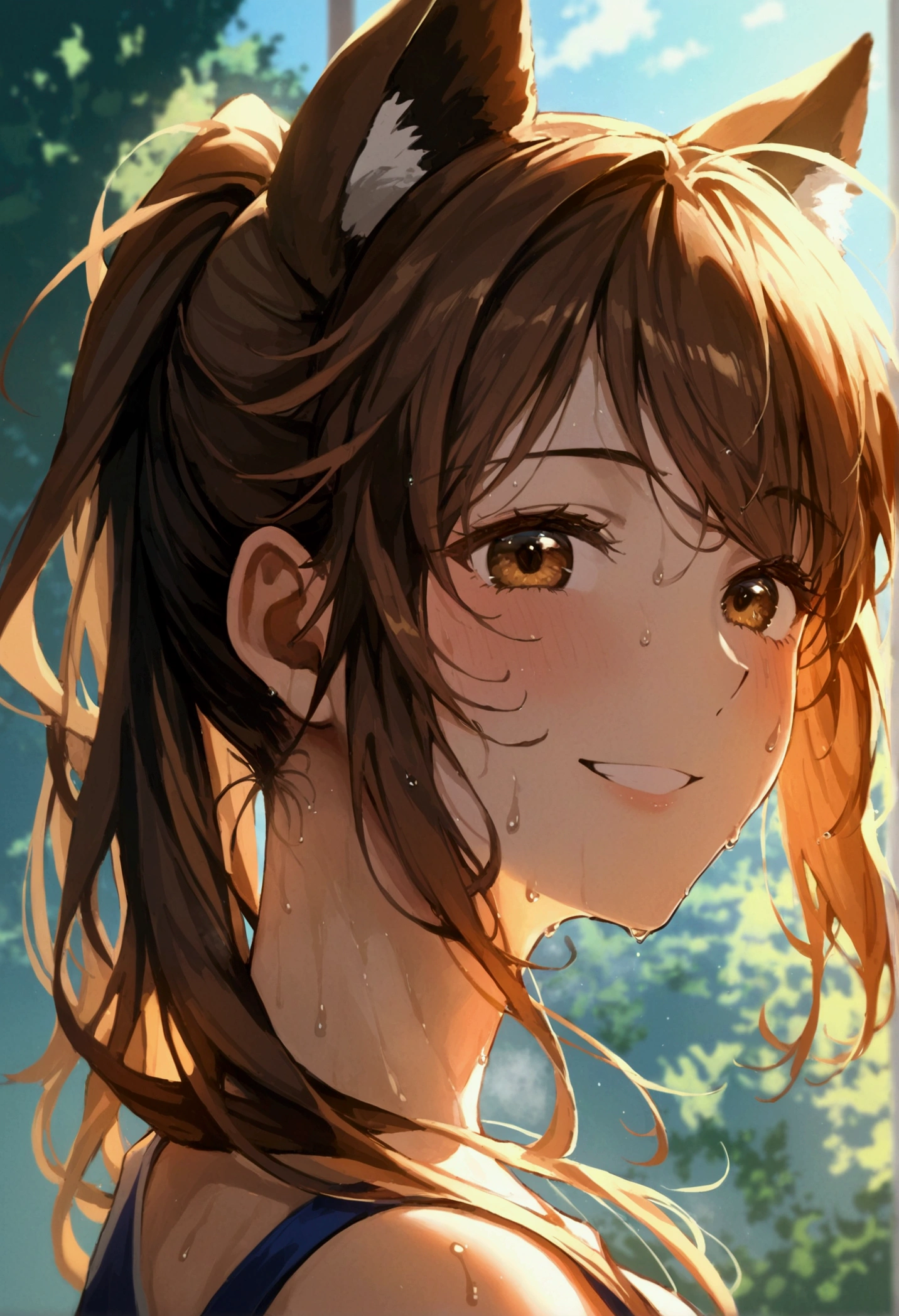 (masterpiece: 1.1, Highest quality: 1.1), ponytail, Brown Hair, smile, Sweat, 