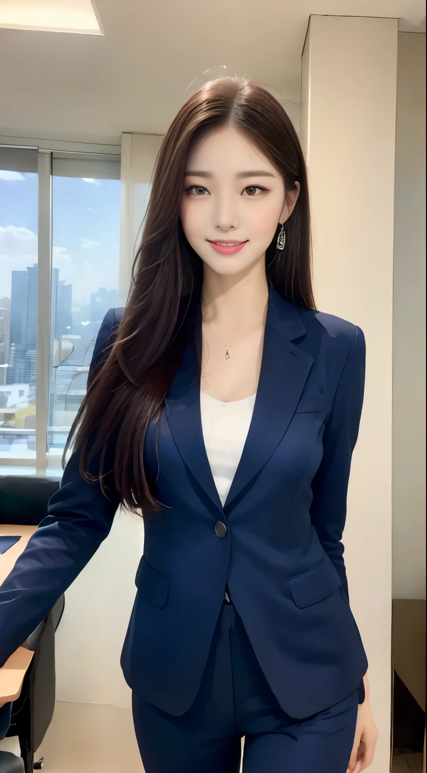 Tall and glamorous beauty、The beauty of a suit、huge 、Undershirt、Cool Beauty、career woman、double eyelid，Office Room，Windows,A very affectionate smile:1.3,masterpiece:1.3,Detailed face,Detailed eyes,Straight long hair style